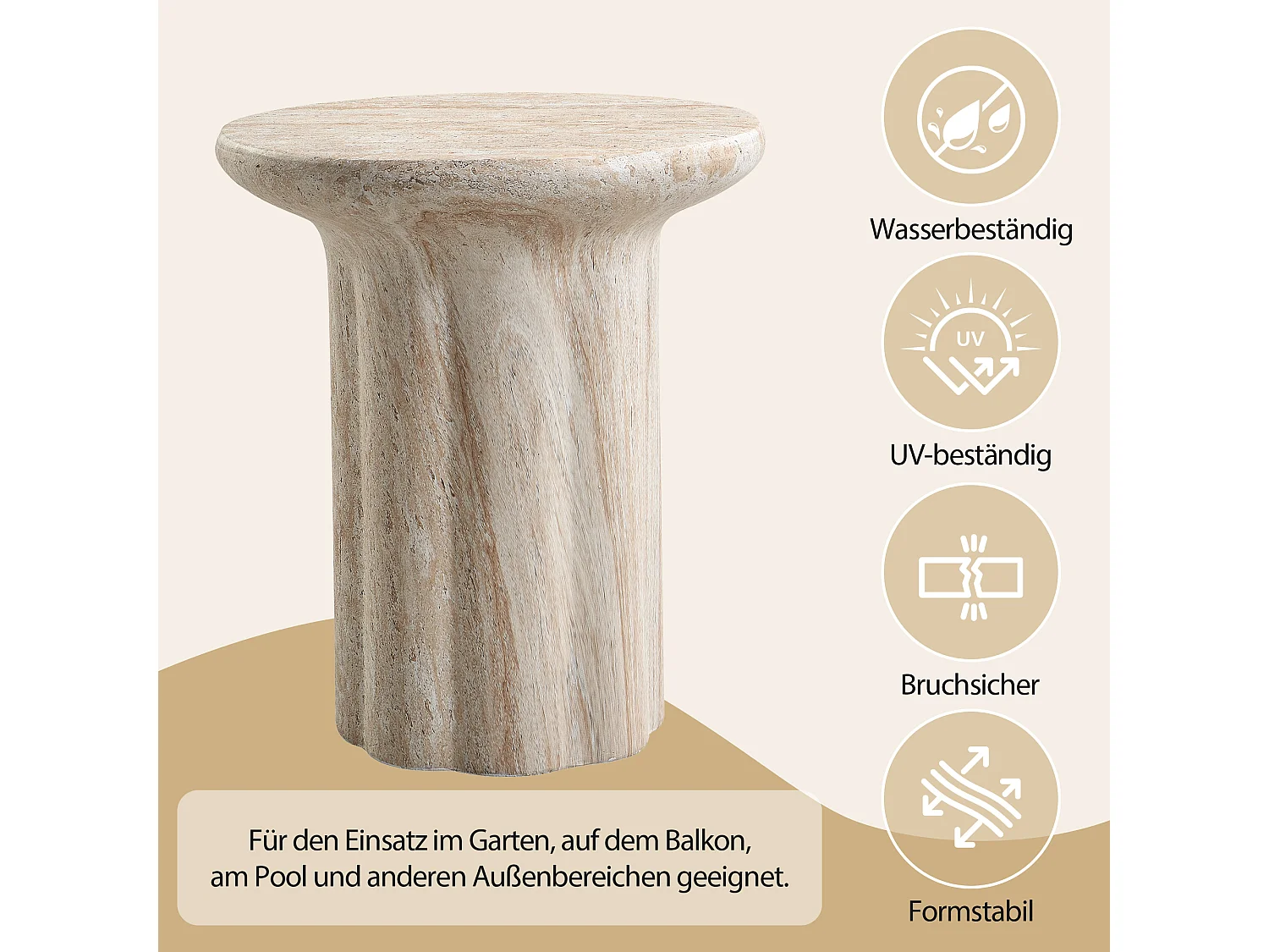 Bout de Canapé de Jardin Design Moderne en MgO - Table d'Appoint Extérieure Aspect Travertin - Beige