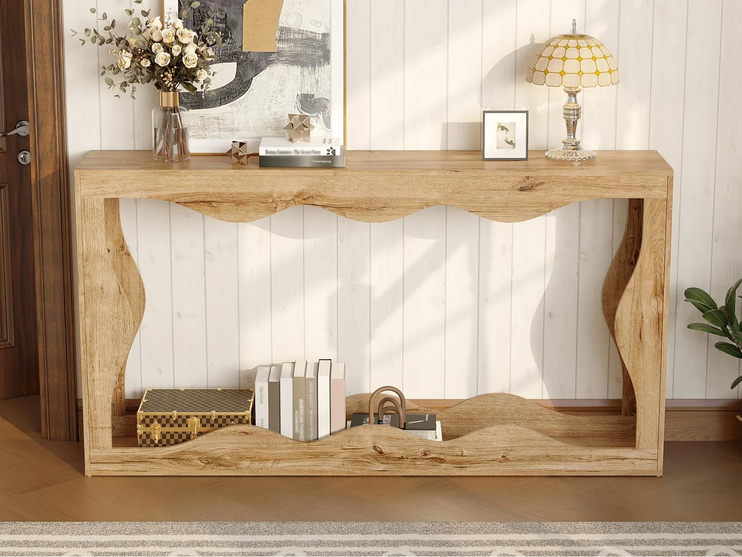 Table d'appoint à bords ondulés 160x30x86.5cm - Étagère double - Aspect bois - Étagère d'entrée - Panneaux de particules - Naturel