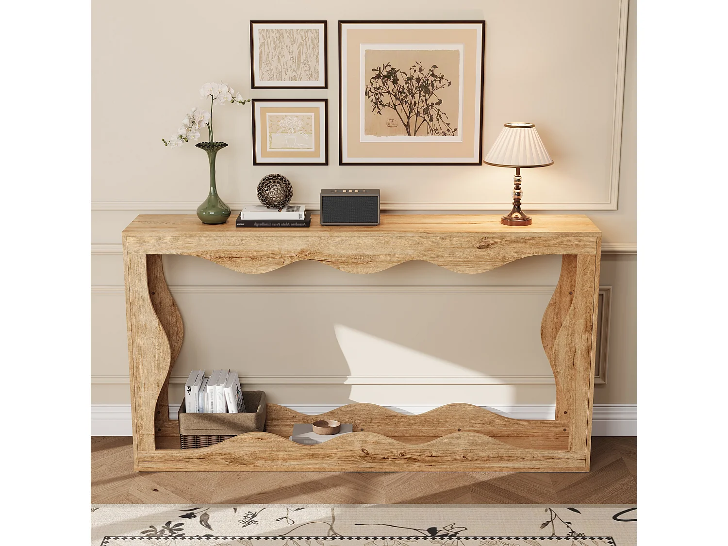 Table d'appoint à bords ondulés 160x30x86.5cm - Étagère double - Aspect bois - Étagère d'entrée - Panneaux de particules - Naturel