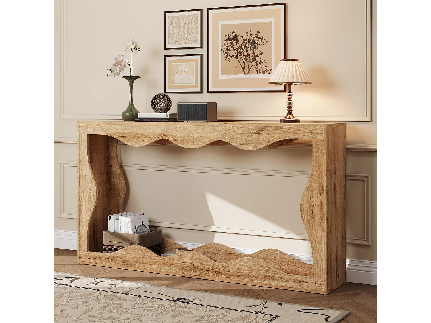 Table d'appoint à bords ondulés 160x30x86.5cm - Étagère double - Aspect bois - Étagère d'entrée - Panneaux de particules - Naturel