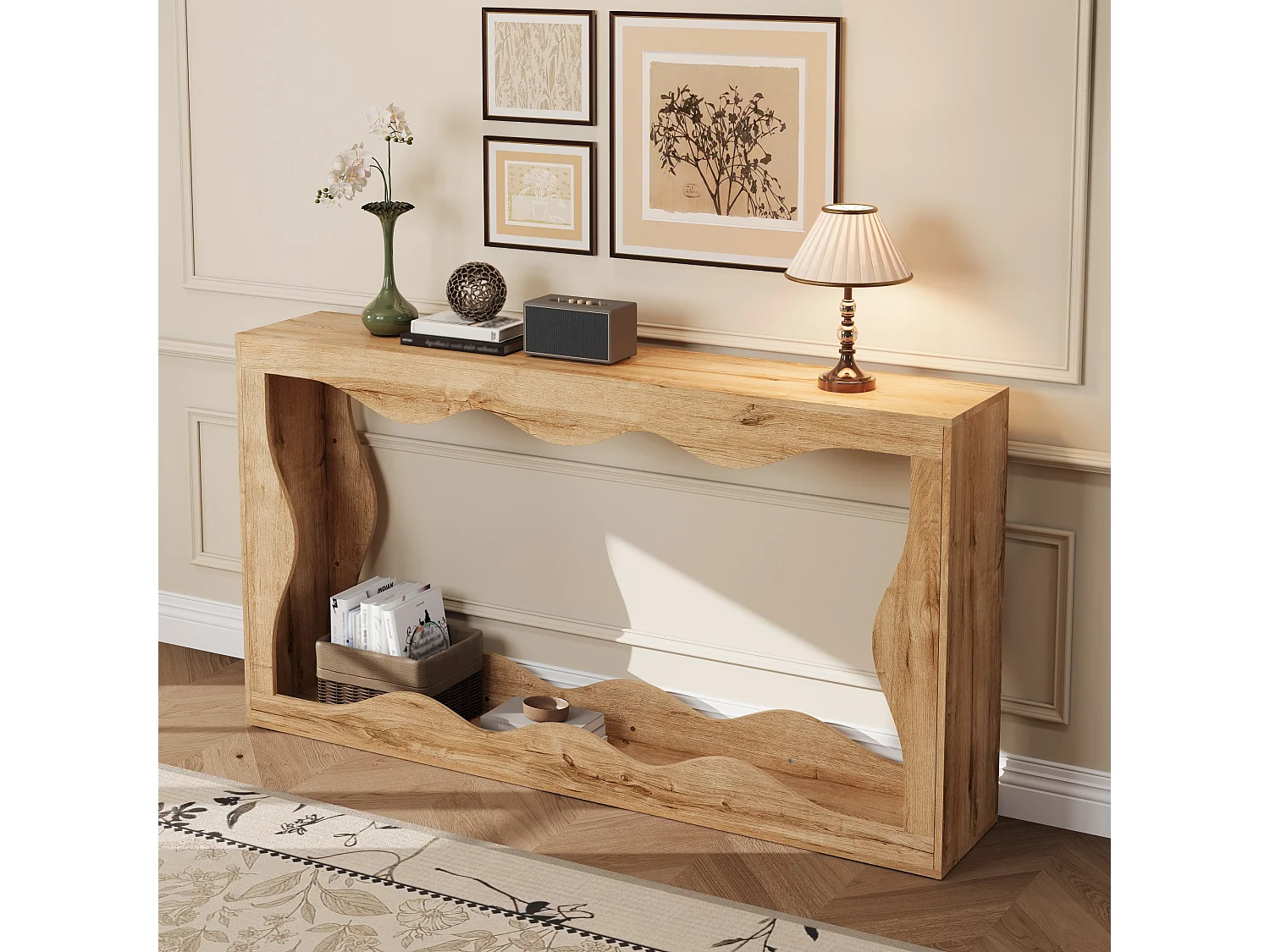 Table d'appoint à bords ondulés 160x30x86.5cm - Étagère double - Aspect bois - Étagère d'entrée - Panneaux de particules - Naturel