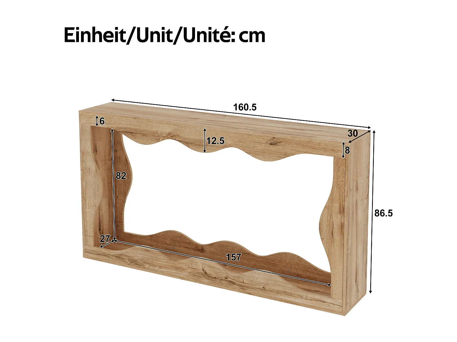 Table d'appoint à bords ondulés 160x30x86.5cm - Étagère double - Aspect bois - Étagère d'entrée - Panneaux de particules - Naturel