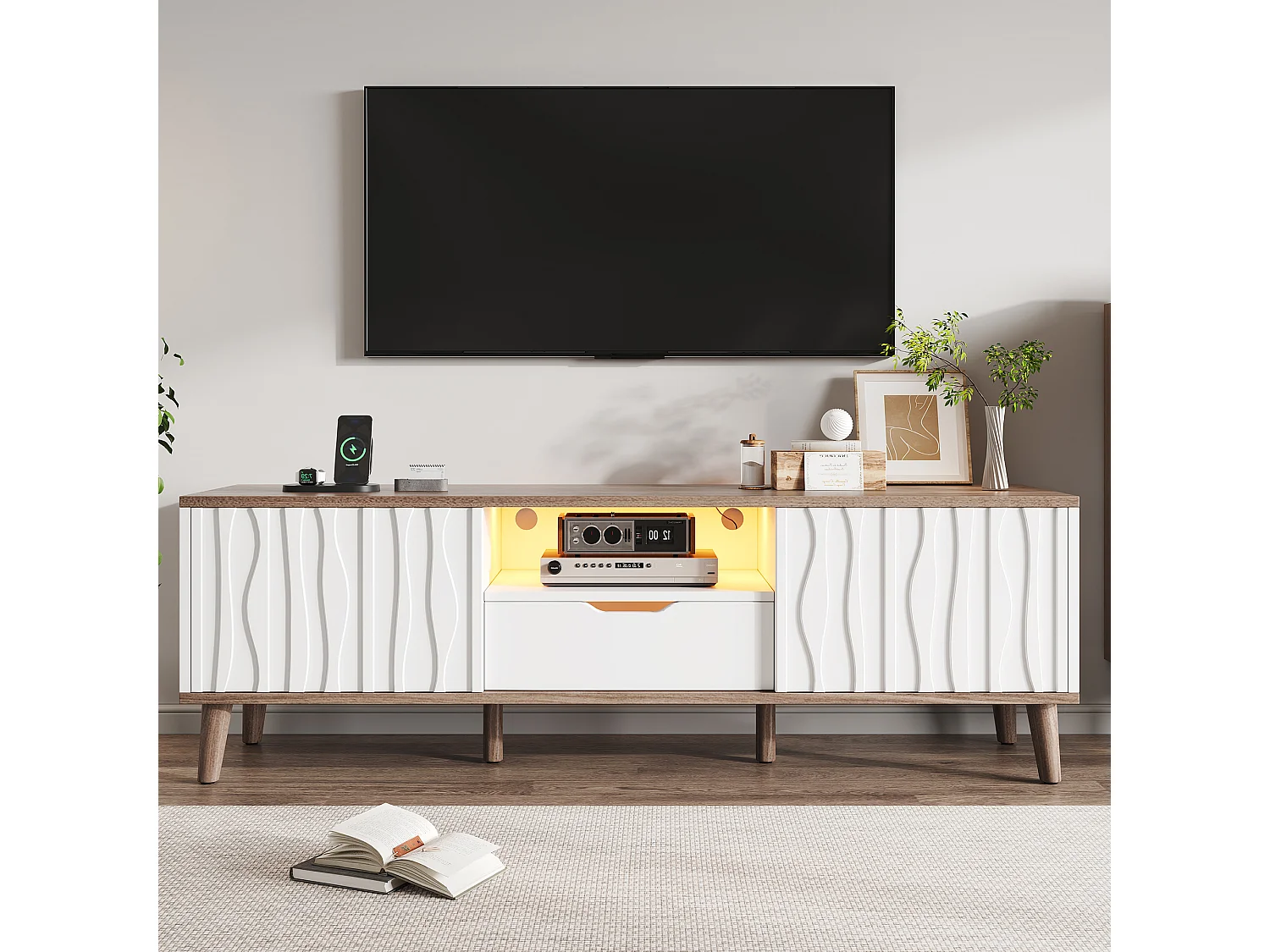 Moderner TV-Schrank 160 x 40 x 52 cm - mit LED-Beleuchtung - Schiebetüren - geeignet für Fernseher bis 70 Zoll - weiß
