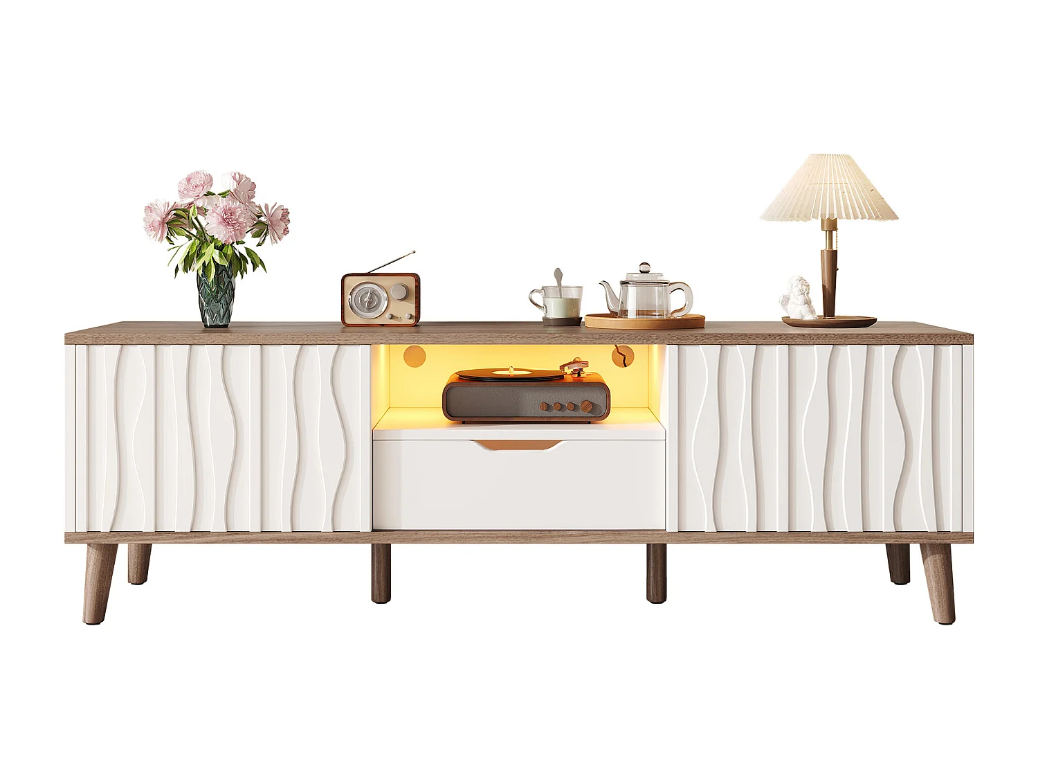 Moderner TV-Schrank 160 x 40 x 52 cm - mit LED-Beleuchtung - Schiebetüren - geeignet für Fernseher bis 70 Zoll - weiß