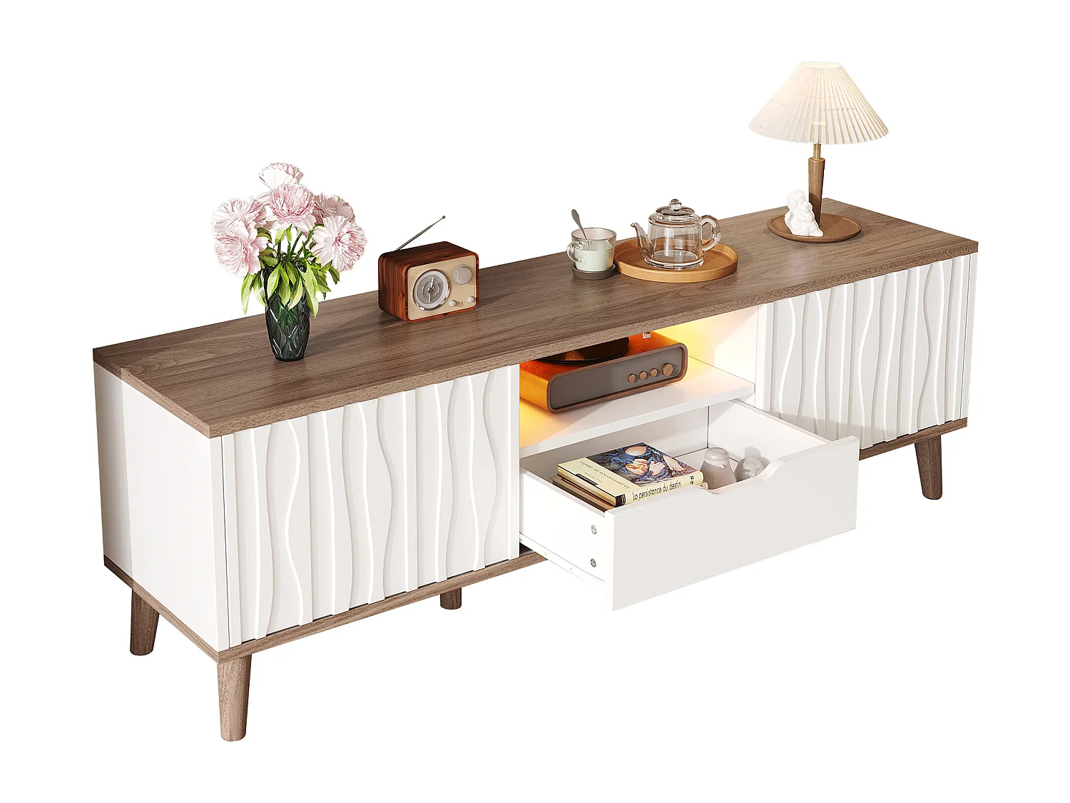 Moderner TV-Schrank 160 x 40 x 52 cm - mit LED-Beleuchtung - Schiebetüren - geeignet für Fernseher bis 70 Zoll - weiß