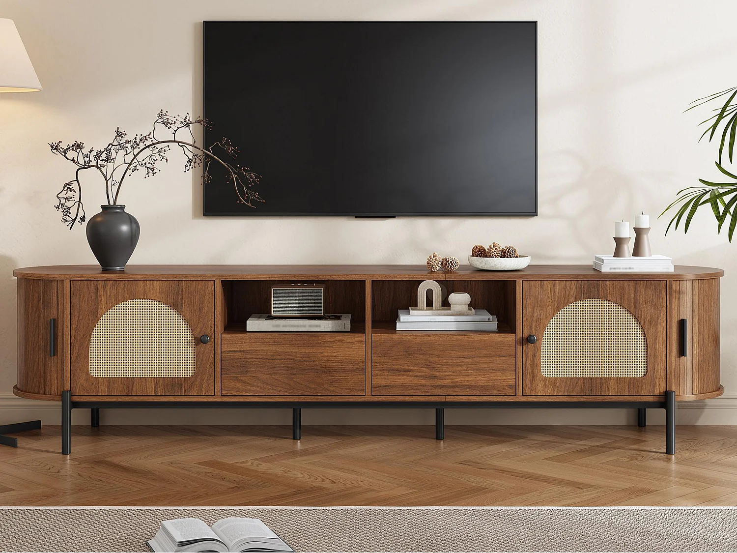 Ovaler TV-Schrank aus Rattan - 4 Türen und 2 Schubladen - Metallfüße in Holzoptik - MDF - 200x40x49,5cm - Braun