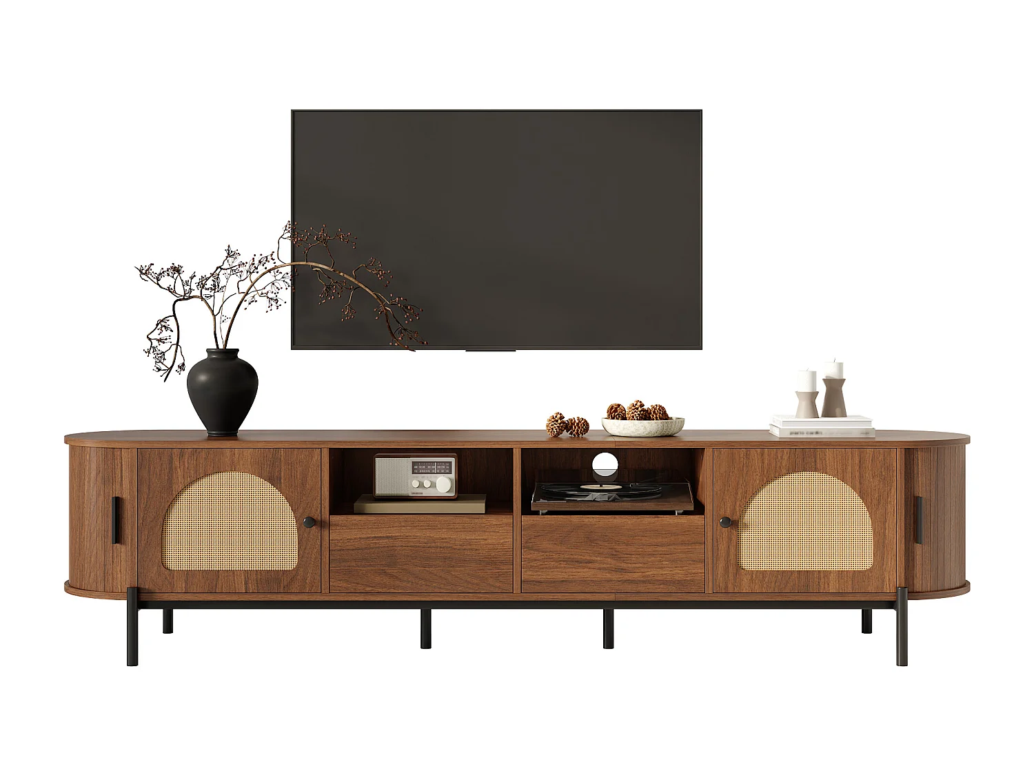 Ovaler TV-Schrank aus Rattan - 4 Türen und 2 Schubladen - Metallfüße in Holzoptik - MDF - 200x40x49,5cm - Braun