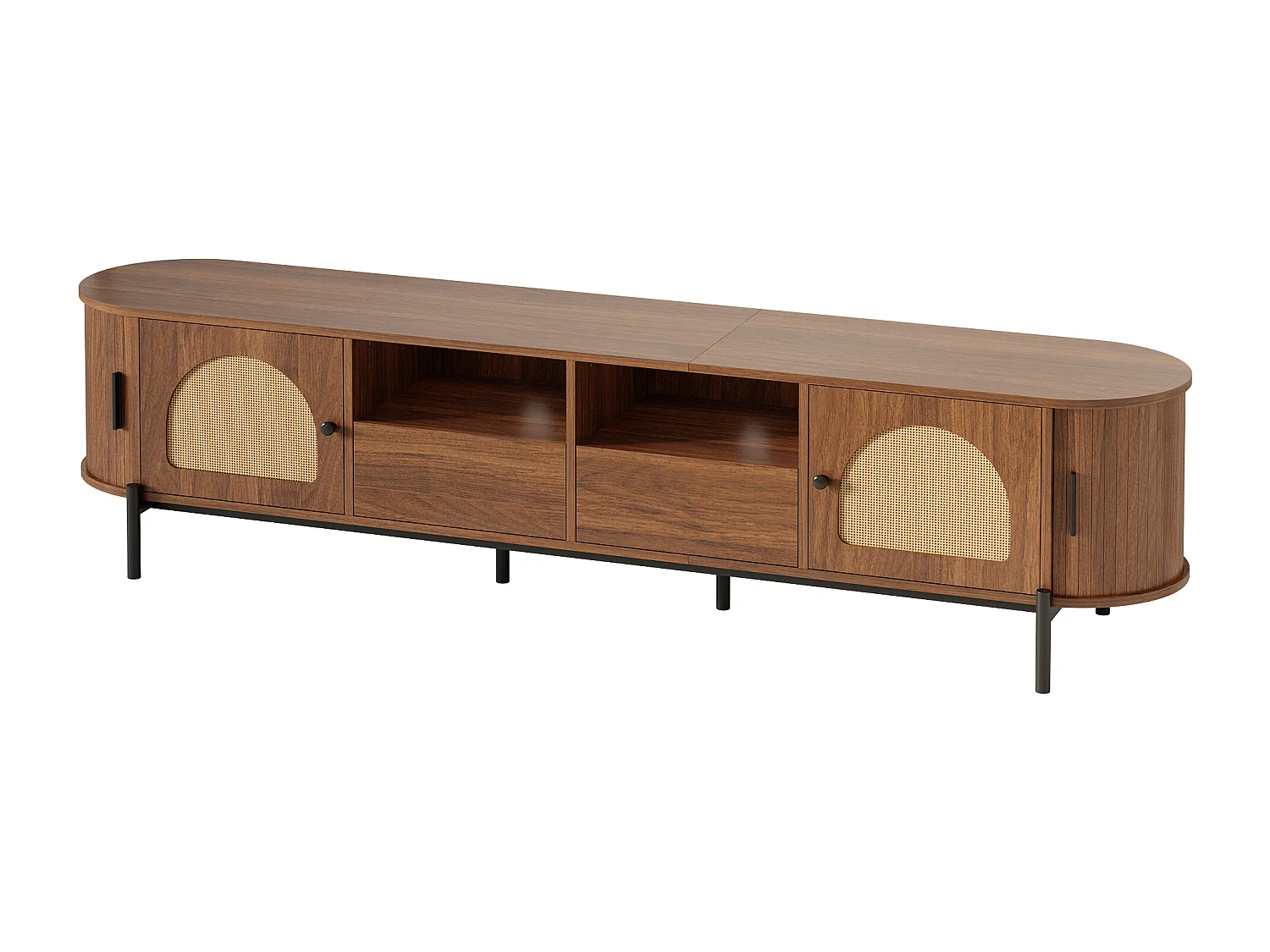 Ovaler TV-Schrank aus Rattan - 4 Türen und 2 Schubladen - Metallfüße in Holzoptik - MDF - 200x40x49,5cm - Braun