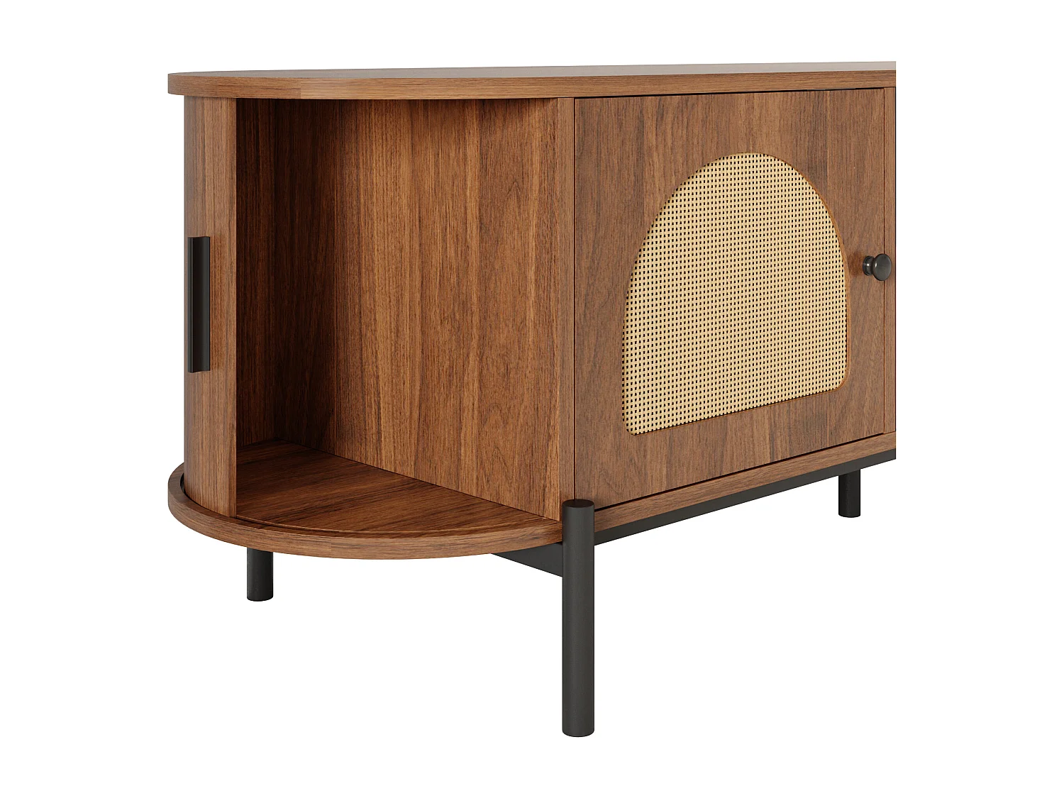Ovaler TV-Schrank aus Rattan - 4 Türen und 2 Schubladen - Metallfüße in Holzoptik - MDF - 200x40x49,5cm - Braun