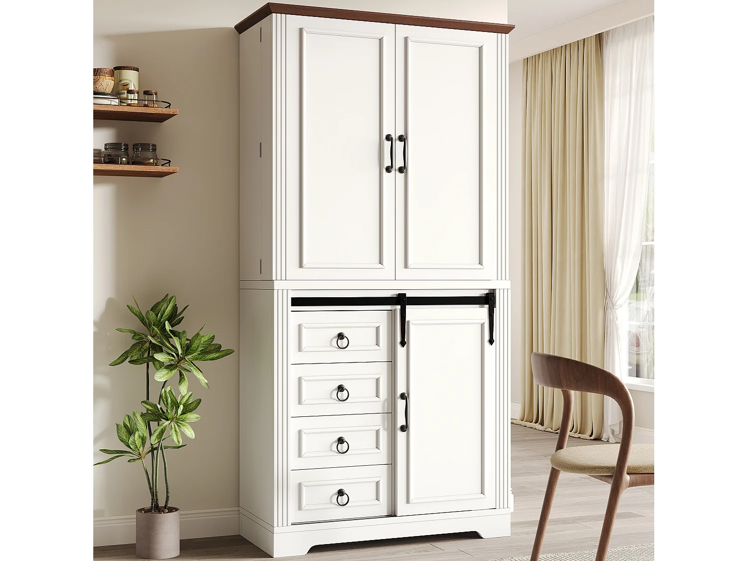 Buffet haut de cuisine - 80 x 39.8 x 180 cm - avec 4 tiroirs + 2 portes de rangment - MDF - blanc