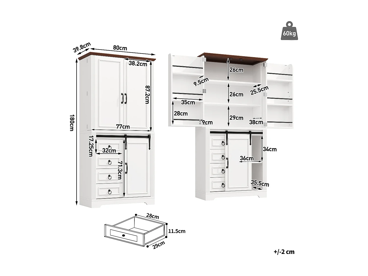 Buffet haut de cuisine - 80 x 39.8 x 180 cm - avec 4 tiroirs + 2 portes de rangment - MDF - blanc