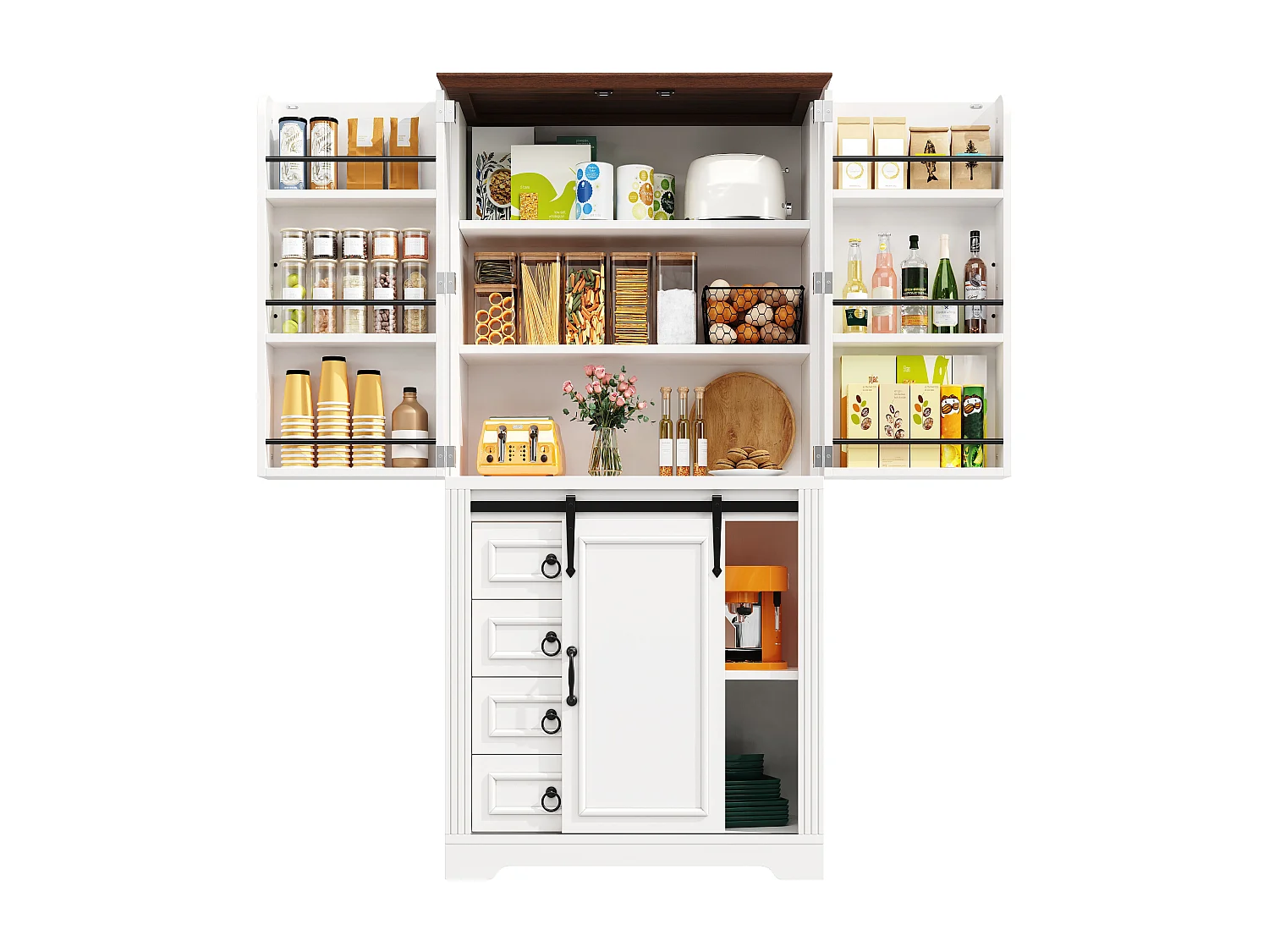 Buffet haut de cuisine - 80 x 39.8 x 180 cm - avec 4 tiroirs + 2 portes de rangment - MDF - blanc