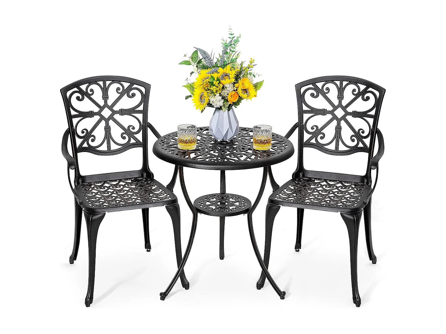 Ensemble de Patio Extérieur 3 Pièces en Aluminium Moulé avec Trou de Parapluie de 4,5 cm