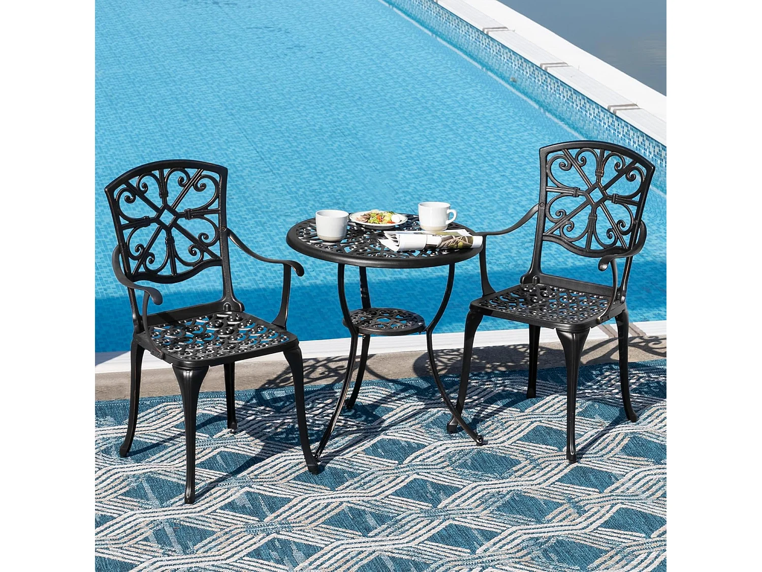 Ensemble de Patio Extérieur 3 Pièces en Aluminium Moulé avec Trou de Parapluie de 4,5 cm