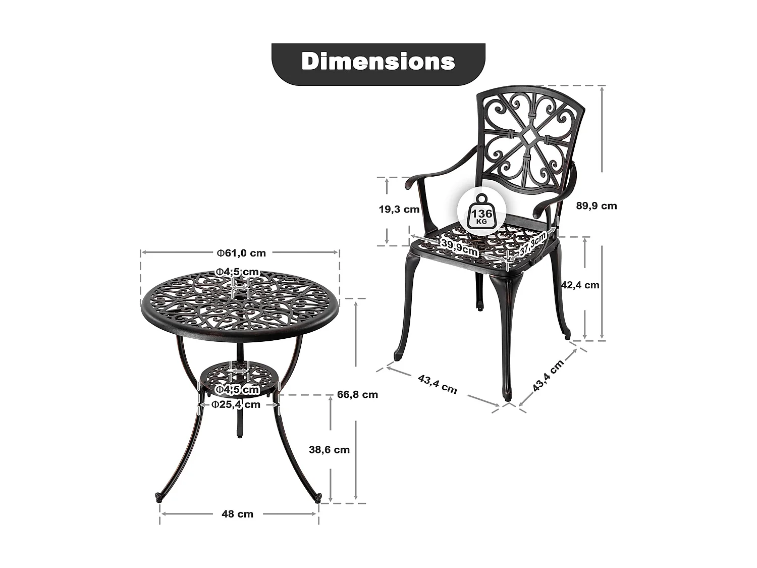 Ensemble de Patio Extérieur 3 Pièces en Aluminium Moulé avec Trou de Parapluie de 4,5 cm