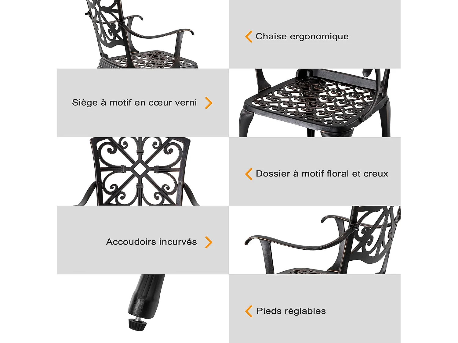 Ensemble de Patio Extérieur 3 Pièces en Aluminium Moulé avec Trou de Parapluie de 4,5 cm
