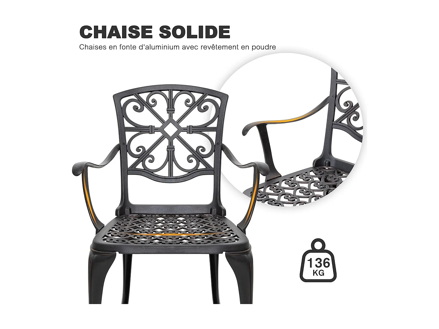 Ensemble de Patio Extérieur 3 Pièces en Aluminium Moulé avec Trou de Parapluie de 4,5 cm
