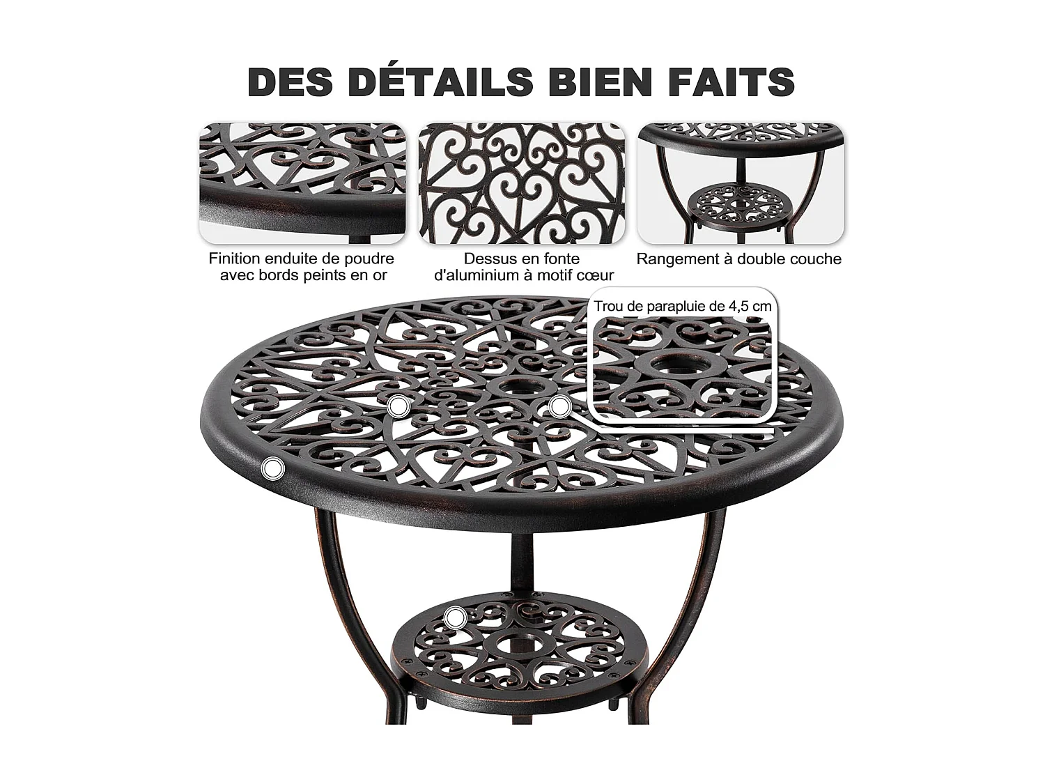 Ensemble de Patio Extérieur 3 Pièces en Aluminium Moulé avec Trou de Parapluie de 4,5 cm