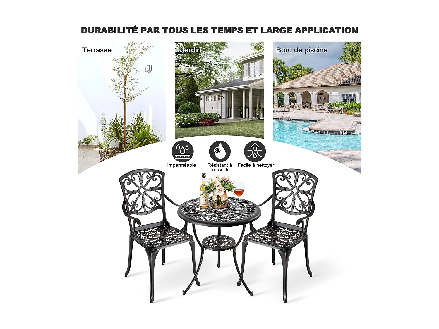 Ensemble de Patio Extérieur 3 Pièces en Aluminium Moulé avec Trou de Parapluie de 4,5 cm