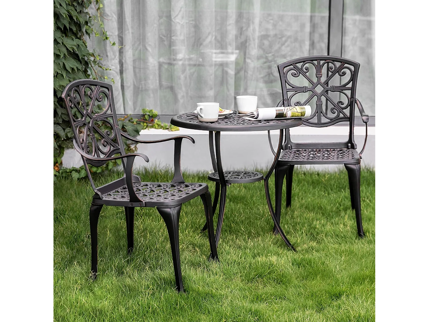 Ensemble de Patio Extérieur 3 Pièces en Aluminium Moulé avec Trou de Parapluie de 4,5 cm