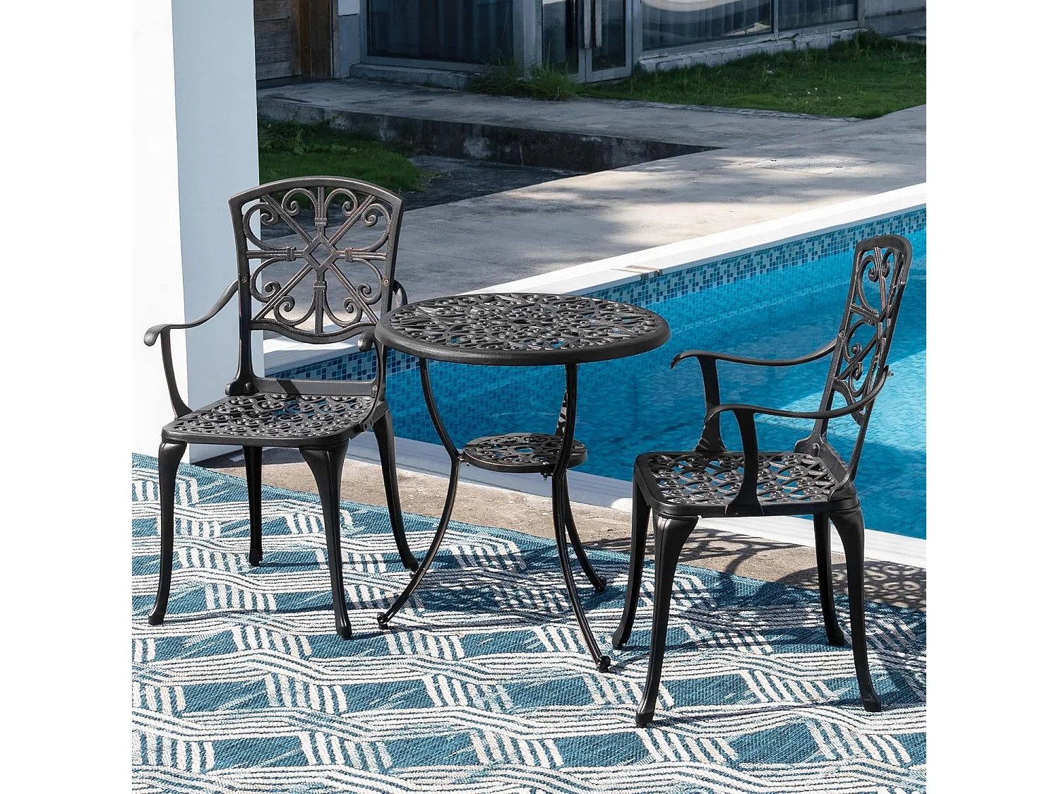 Ensemble de Patio Extérieur 3 Pièces en Aluminium Moulé avec Trou de Parapluie de 4,5 cm