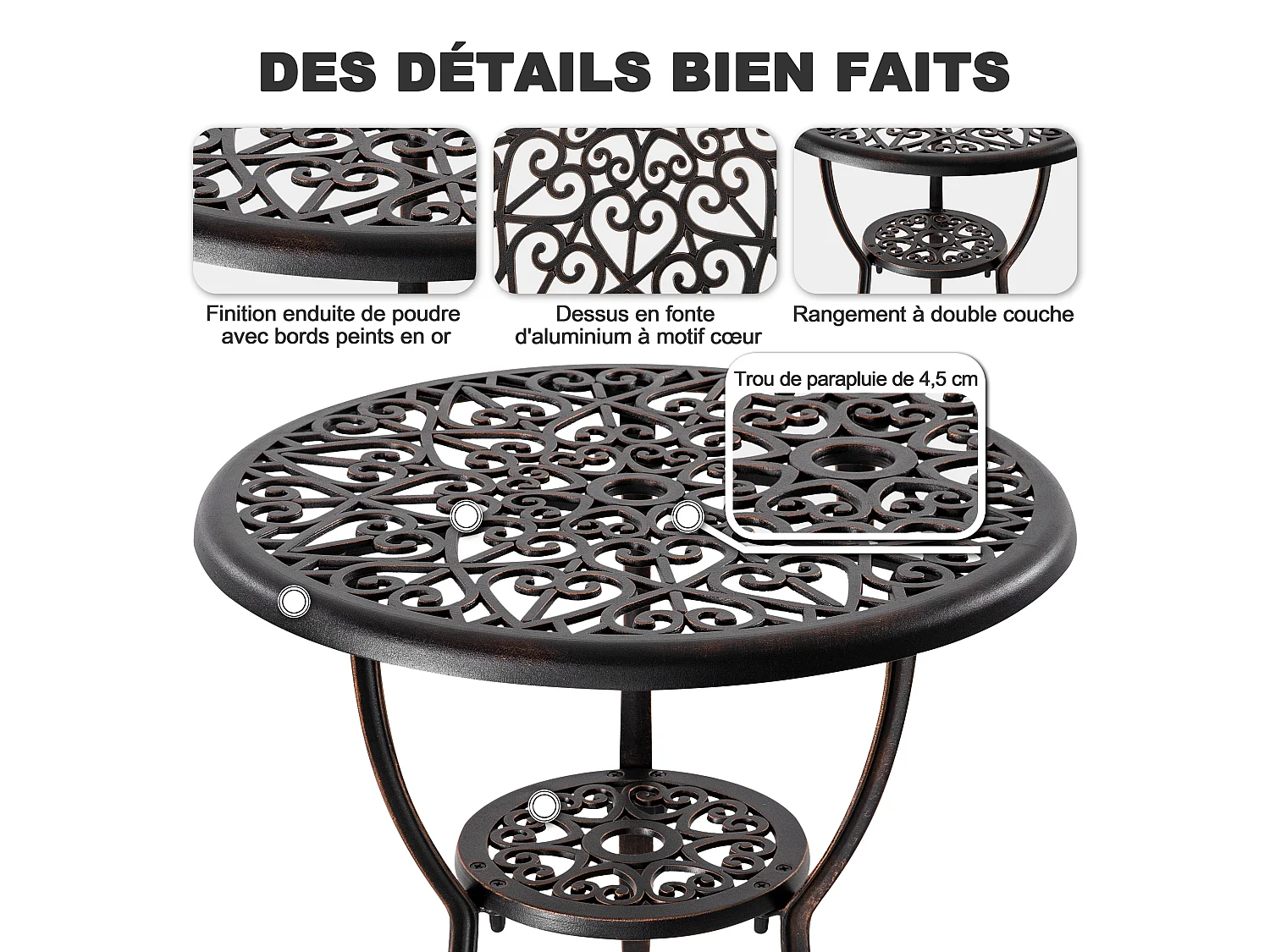 Ensemble de Patio Extérieur 3 Pièces en Aluminium Moulé avec Trou de Parapluie de 4,5 cm