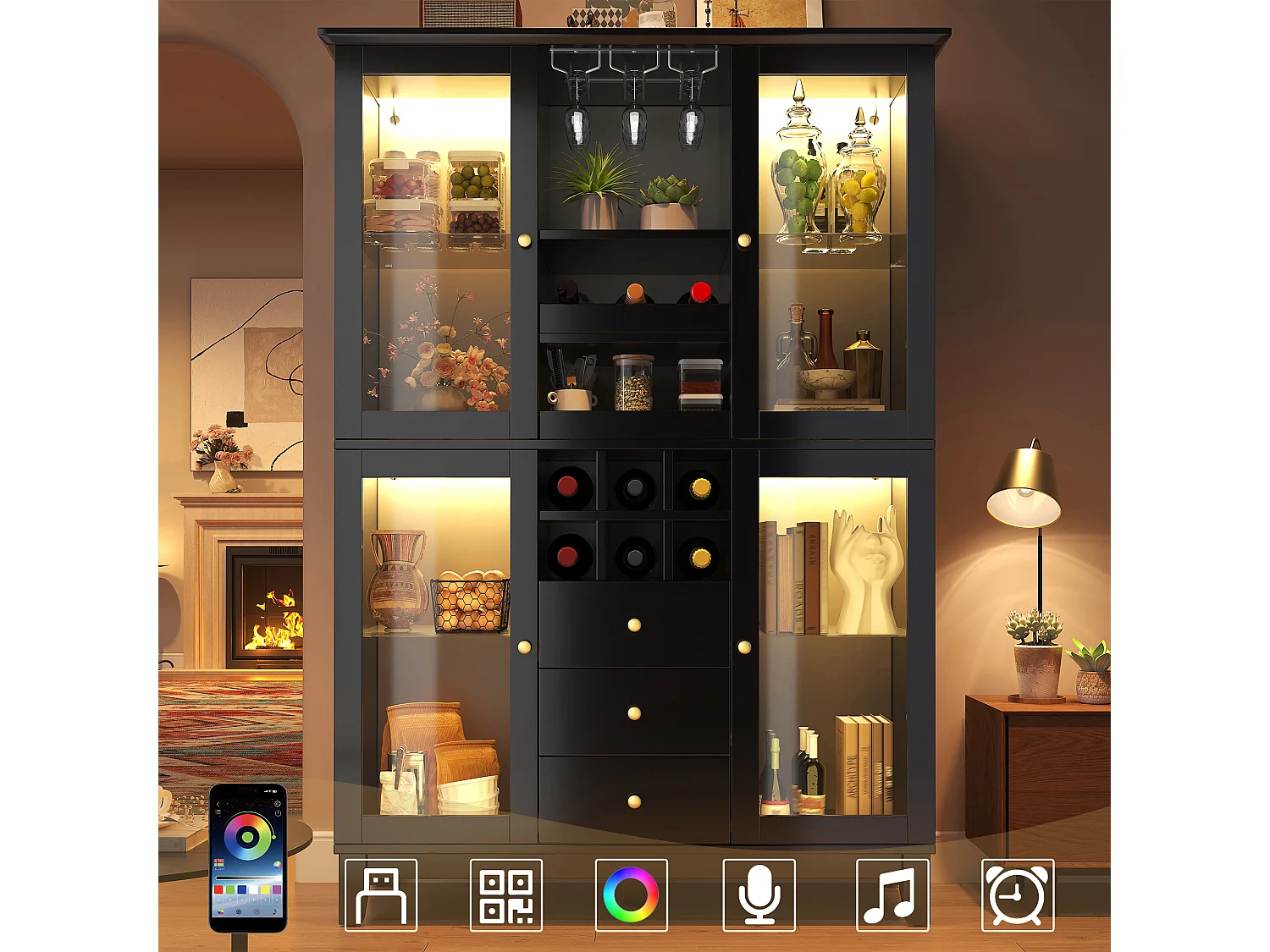 Modern keukendressoir - 180,5 x 40 x 120 cm - met 3 lades + glazenrek + wijnkoeler + LED-verlichting - MDF - zwart