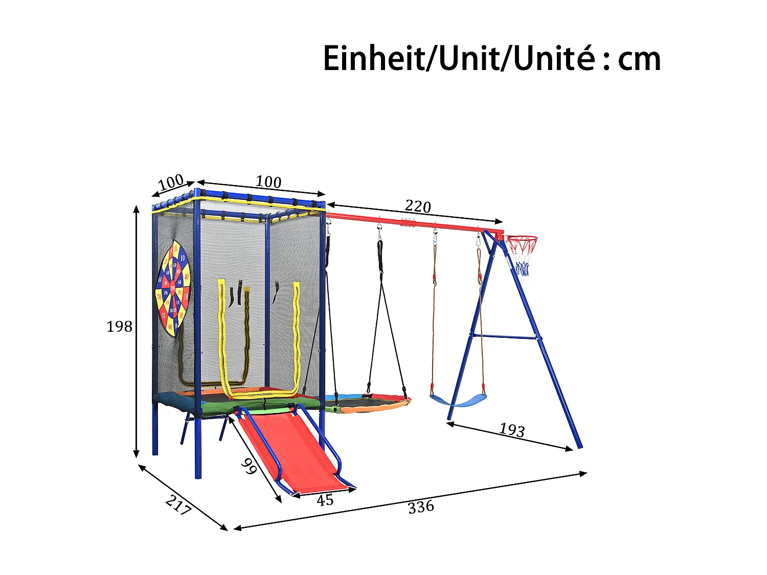 Aire de Jeux de Jardin 5-en-1 : Portique avec Trampoline Sécurisé, Toboggan, Balançoire Nid, Balançoire Simple et Panier de Basket - Acier Robuste - Bleu