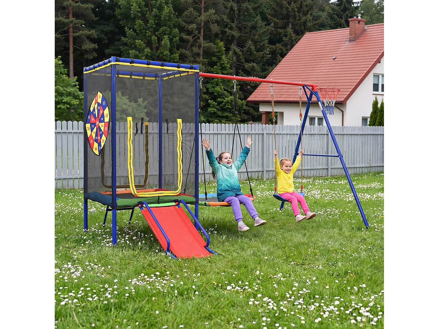 Aire de Jeux de Jardin 5-en-1 : Portique avec Trampoline Sécurisé, Toboggan, Balançoire Nid, Balançoire Simple et Panier de Basket - Acier Robuste - Bleu