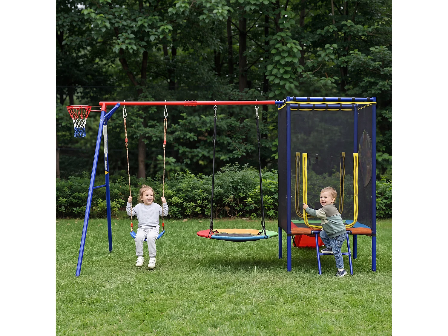 Aire de Jeux de Jardin 5-en-1 : Portique avec Trampoline Sécurisé, Toboggan, Balançoire Nid, Balançoire Simple et Panier de Basket - Acier Robuste - Bleu