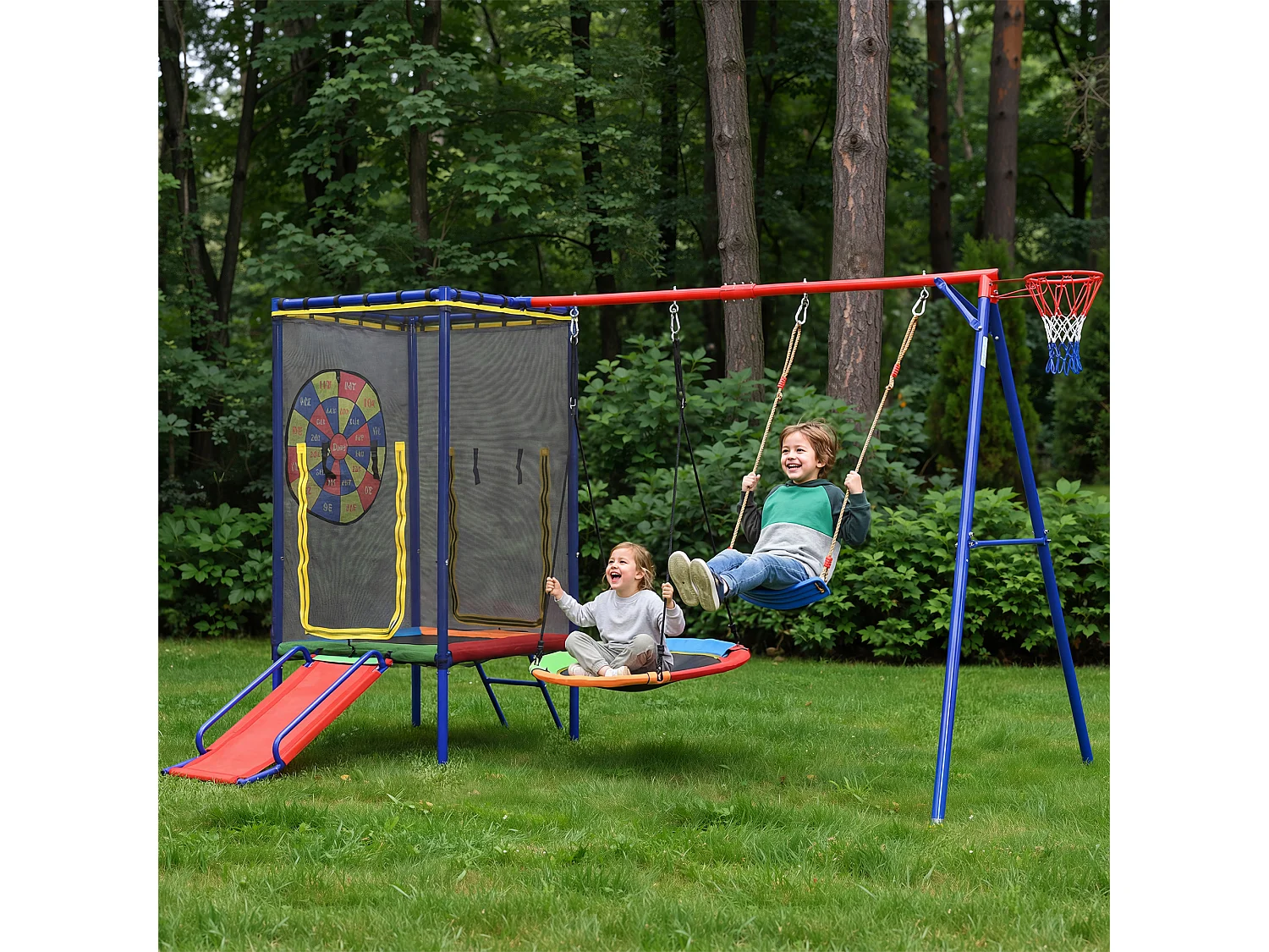 Aire de Jeux de Jardin 5-en-1 : Portique avec Trampoline Sécurisé, Toboggan, Balançoire Nid, Balançoire Simple et Panier de Basket - Acier Robuste - Bleu