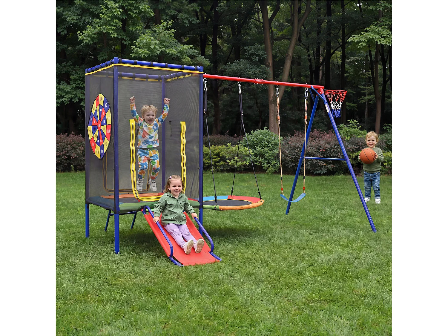 Aire de Jeux de Jardin 5-en-1 : Portique avec Trampoline Sécurisé, Toboggan, Balançoire Nid, Balançoire Simple et Panier de Basket - Acier Robuste - Bleu