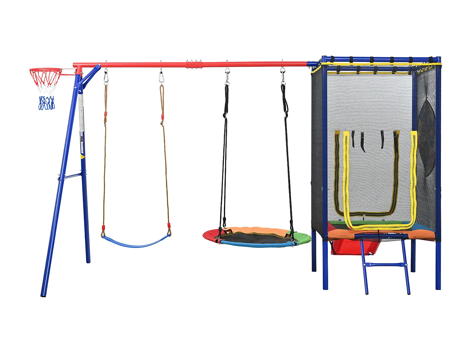 Aire de Jeux de Jardin 5-en-1 : Portique avec Trampoline Sécurisé, Toboggan, Balançoire Nid, Balançoire Simple et Panier de Basket - Acier Robuste - Bleu