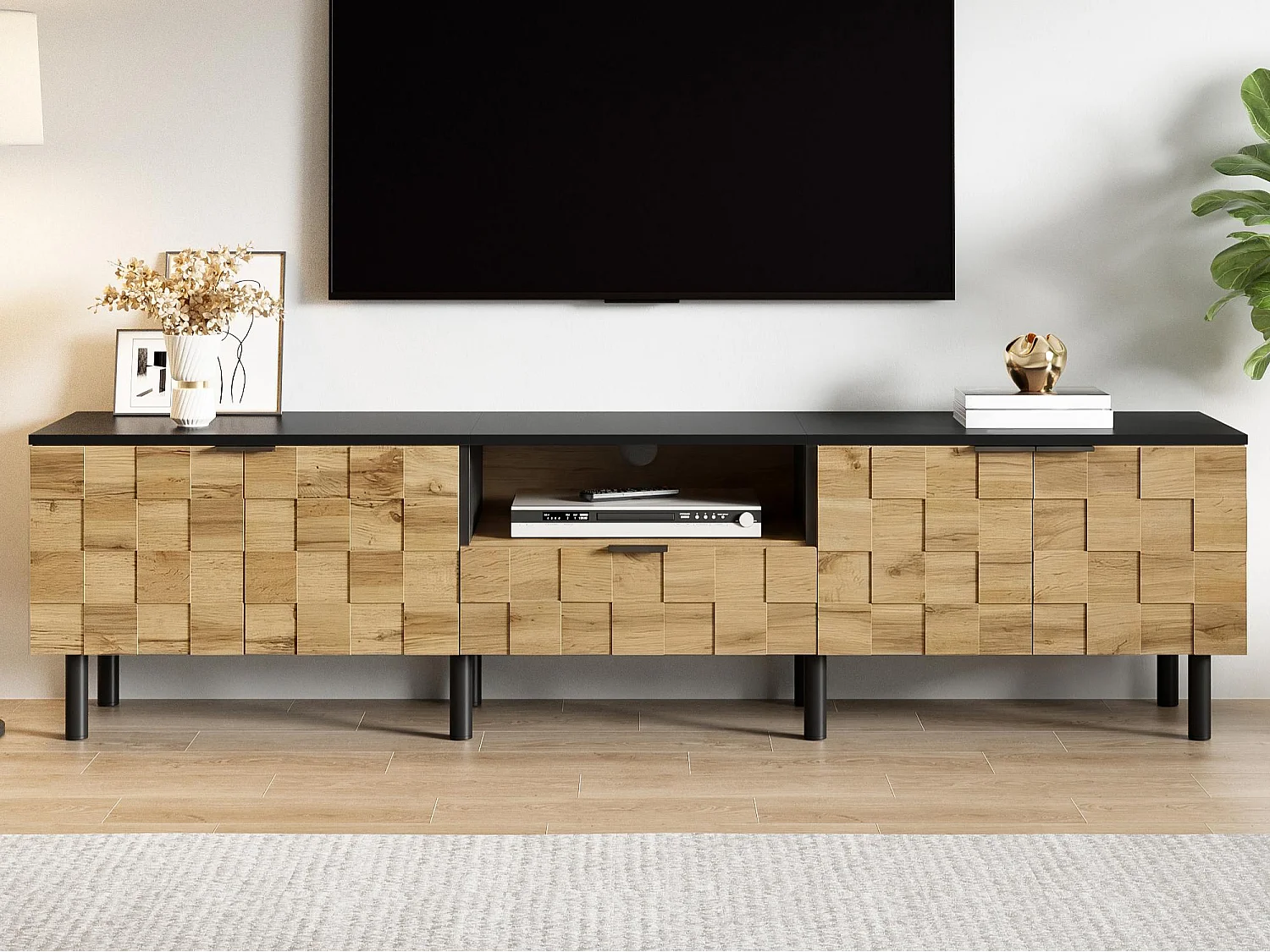 TV-Schrank Mosaik 170x35x44,5 cm - 2 Türen und 1 Schublade - Holzoptik - Metallfüße - Offene Regale - Naturfarbe