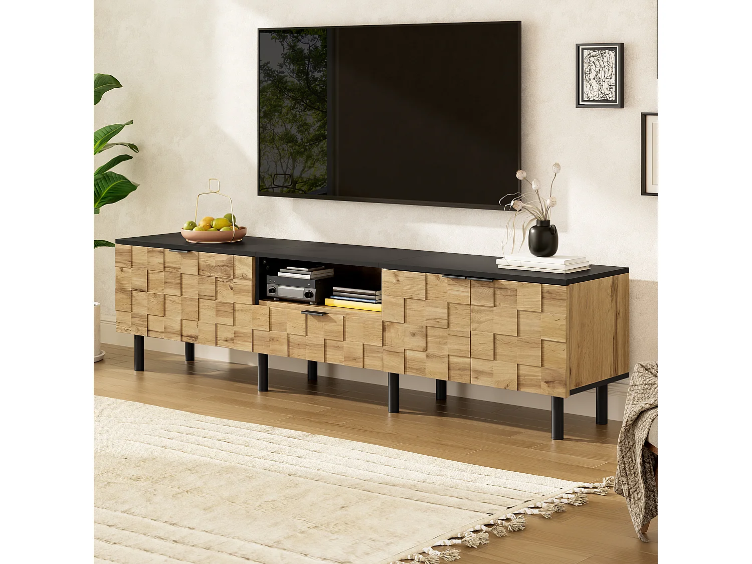 TV-Schrank Mosaik 170x35x44,5 cm - 2 Türen und 1 Schublade - Holzoptik - Metallfüße - Offene Regale - Naturfarbe