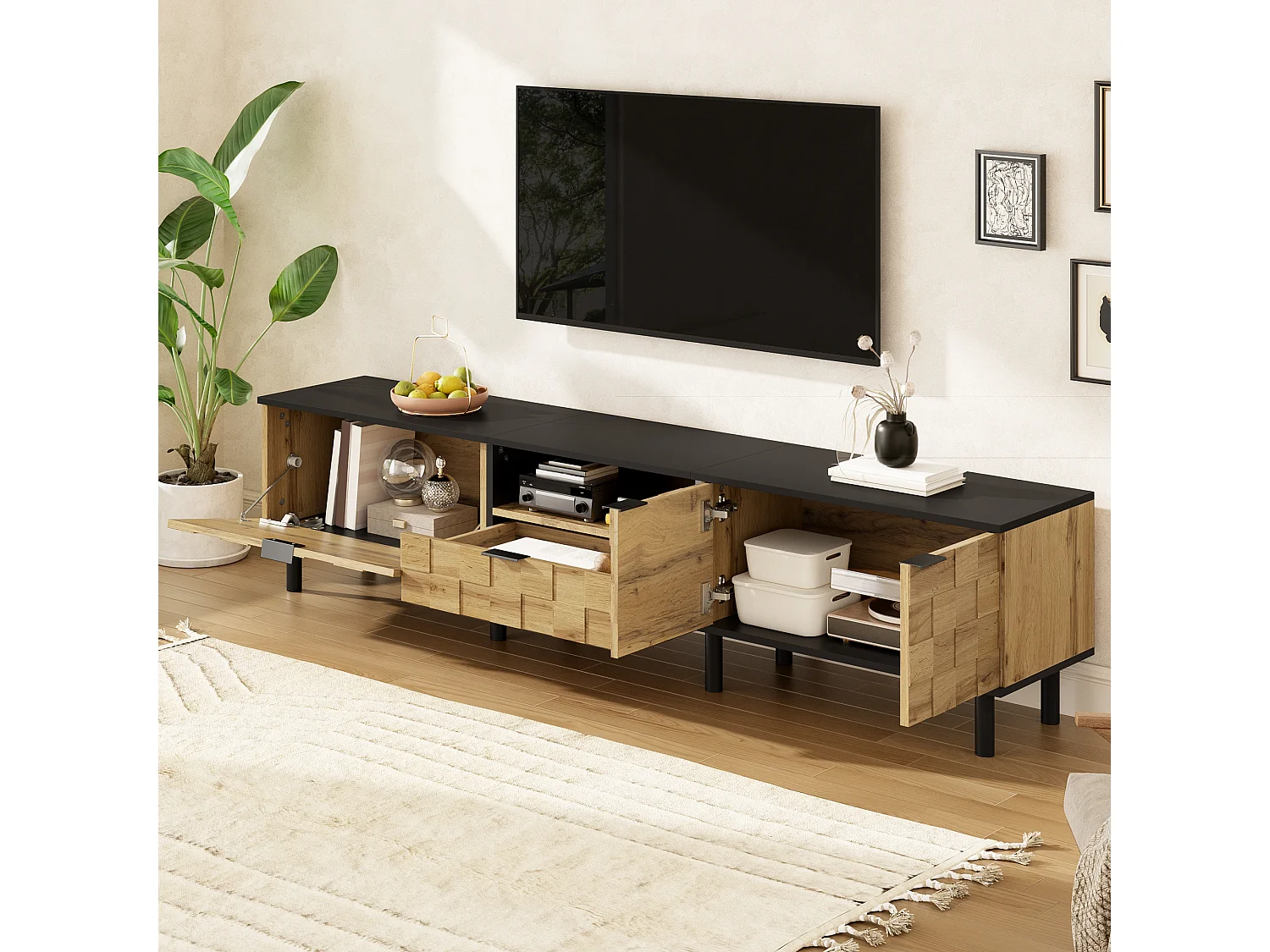 TV-Schrank Mosaik 170x35x44,5 cm - 2 Türen und 1 Schublade - Holzoptik - Metallfüße - Offene Regale - Naturfarbe