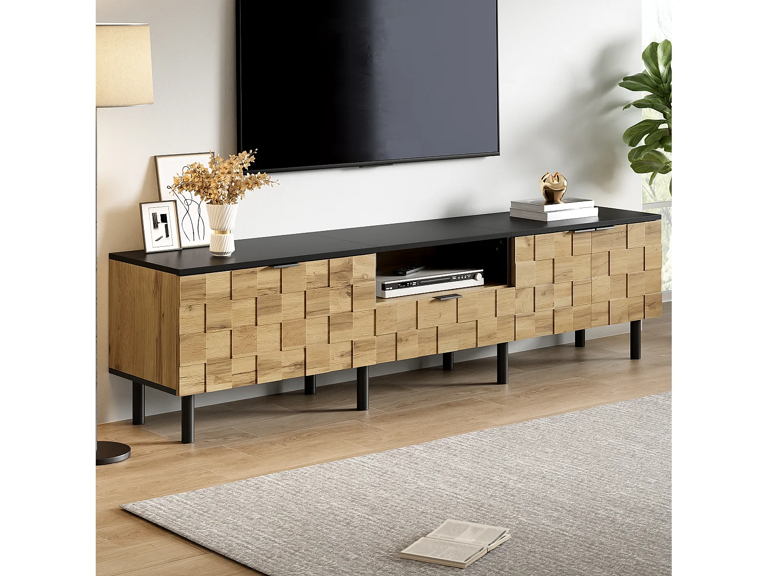 TV-Schrank Mosaik 170x35x44,5 cm - 2 Türen und 1 Schublade - Holzoptik - Metallfüße - Offene Regale - Naturfarbe