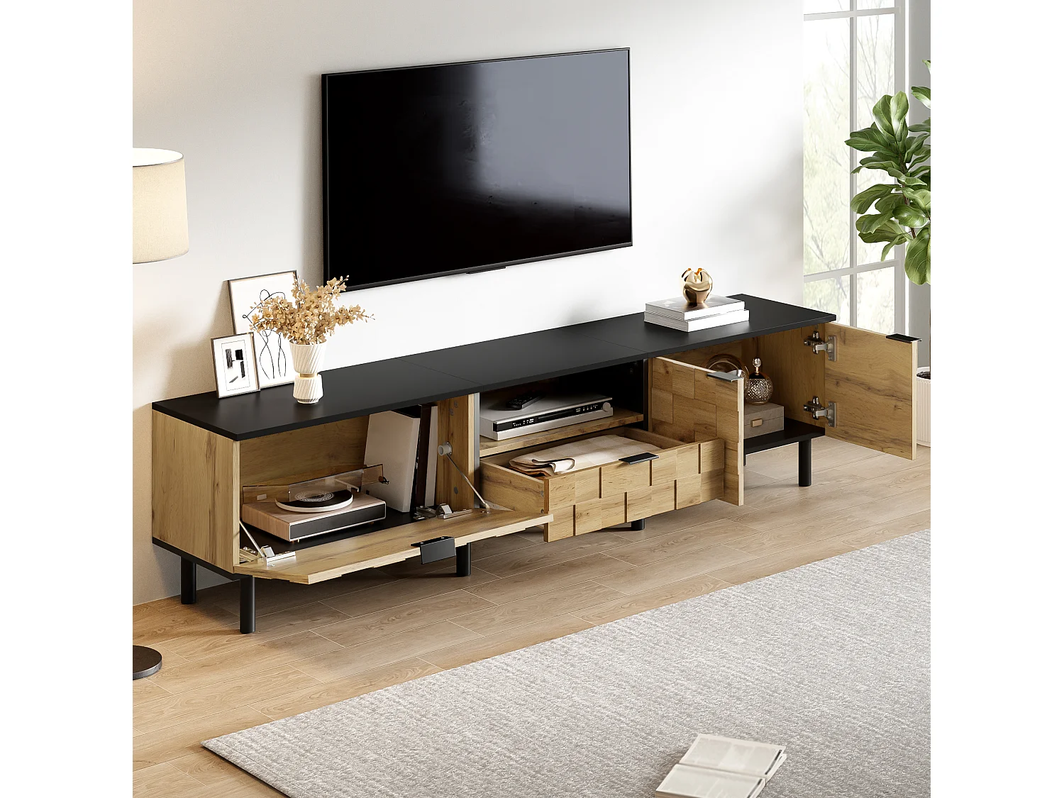 TV-Schrank Mosaik 170x35x44,5 cm - 2 Türen und 1 Schublade - Holzoptik - Metallfüße - Offene Regale - Naturfarbe