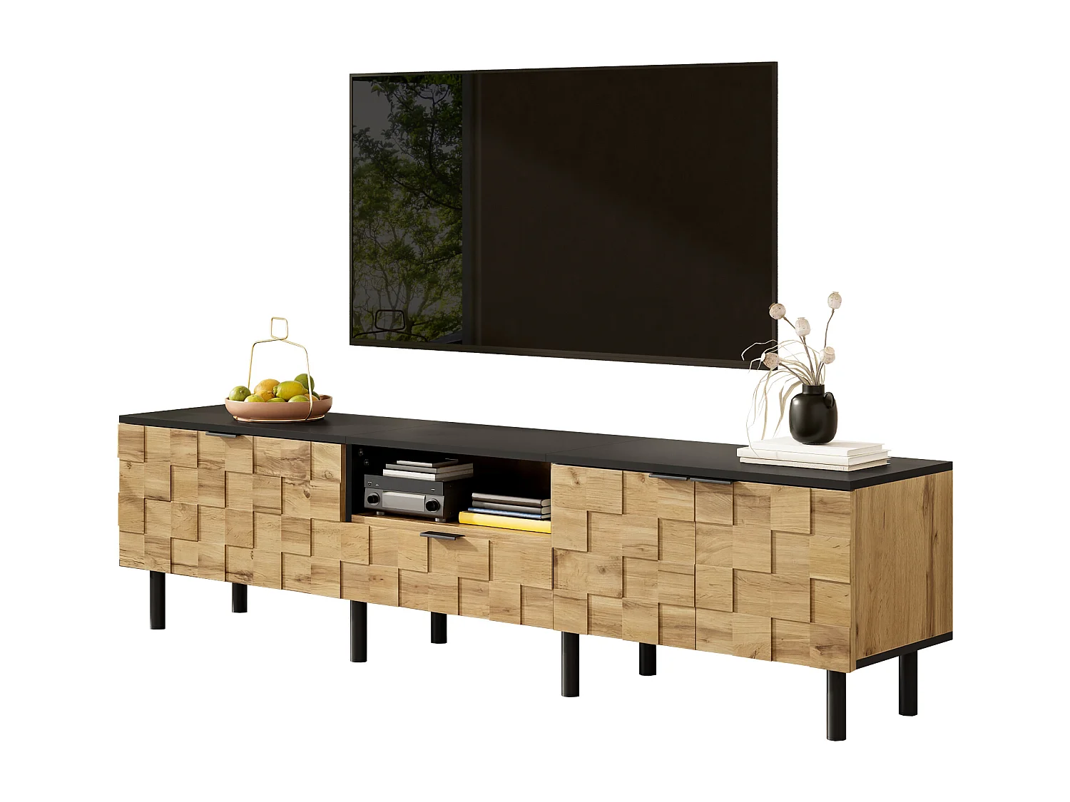TV-Schrank Mosaik 170x35x44,5 cm - 2 Türen und 1 Schublade - Holzoptik - Metallfüße - Offene Regale - Naturfarbe