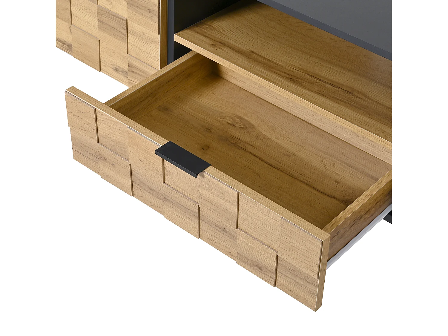 TV-Schrank Mosaik 170x35x44,5 cm - 2 Türen und 1 Schublade - Holzoptik - Metallfüße - Offene Regale - Naturfarbe