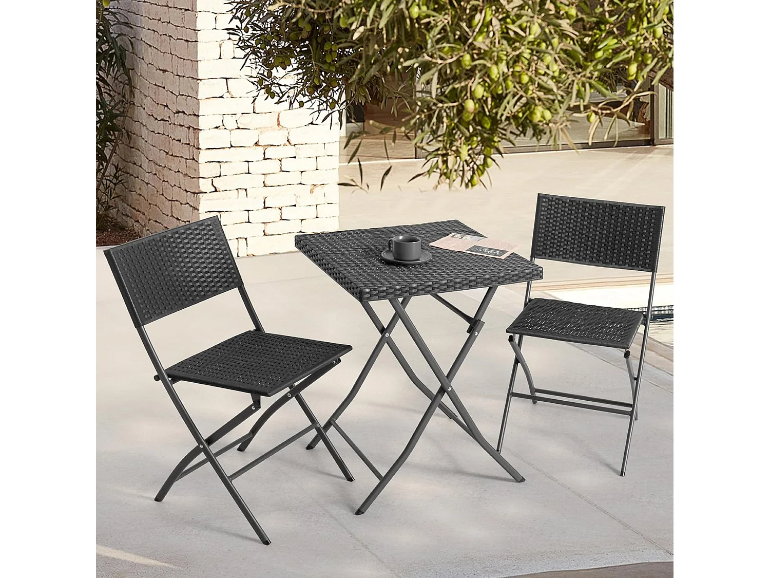 Ensemble de Bistrot de Patio 3 Pièces Noir Avestar Rotin PP Pliable