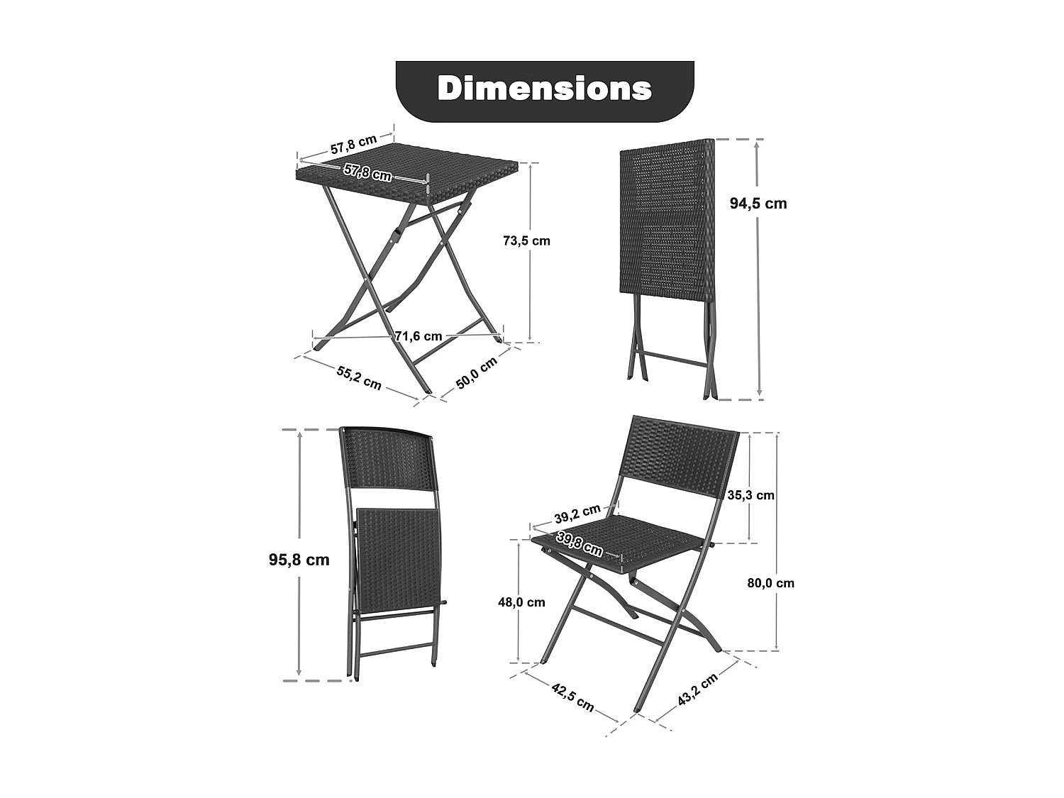 Ensemble de Bistrot de Patio 3 Pièces Noir Avestar Rotin PP Pliable