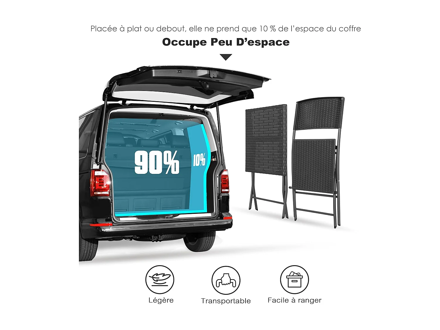 Ensemble de Bistrot de Patio 3 Pièces Noir Avestar Rotin PP Pliable