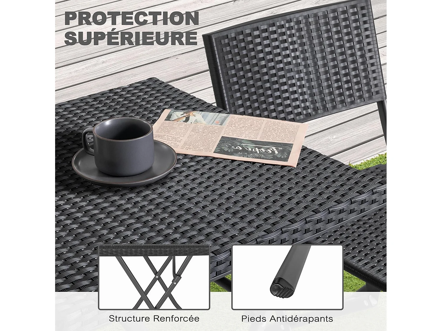 Ensemble de Bistrot de Patio 3 Pièces Noir Avestar Rotin PP Pliable