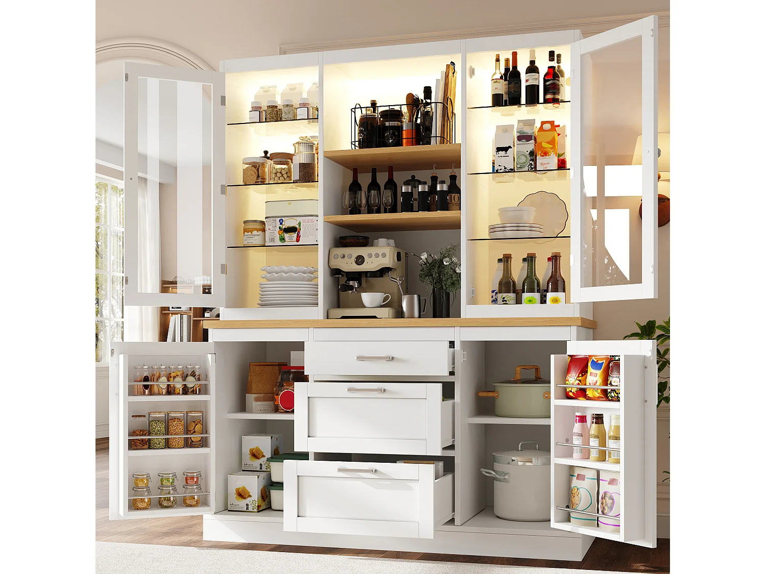 Buffet haut de cuisine - 140 x 40 x 185 cm - avec 3 tiroirs + 2 portes de rangement + Leds + étagères - MDF - blanc