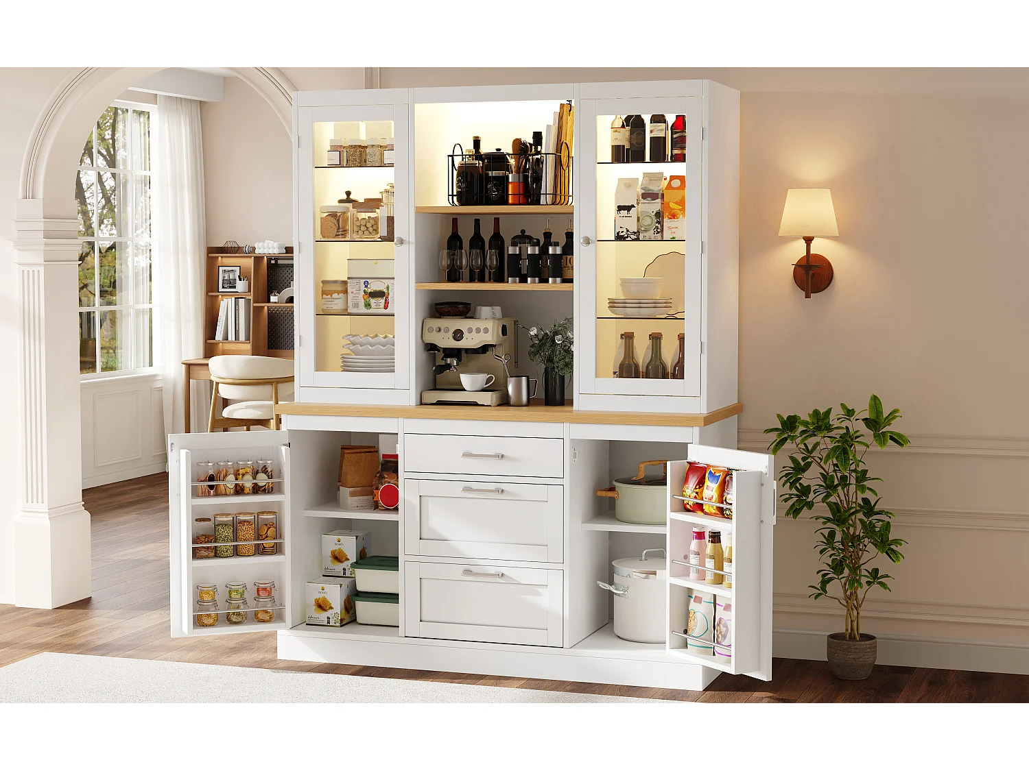 Buffet haut de cuisine - 140 x 40 x 185 cm - avec 3 tiroirs + 2 portes de rangement + Leds + étagères - MDF - blanc