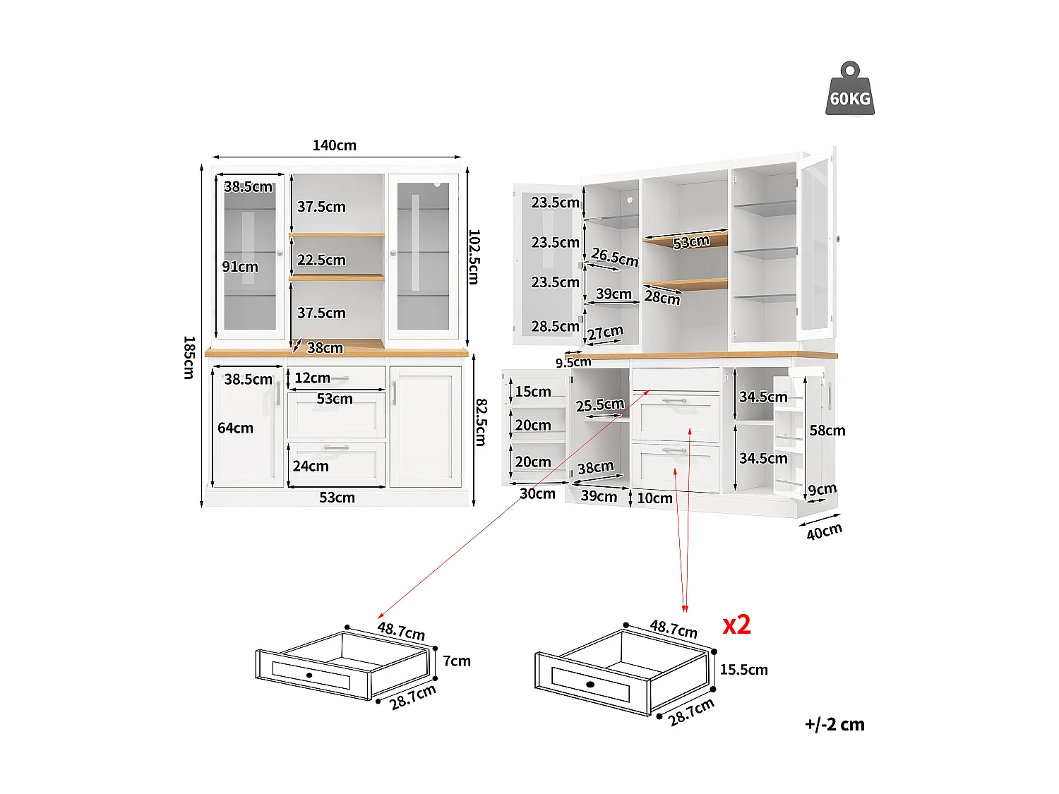 Buffet haut de cuisine - 140 x 40 x 185 cm - avec 3 tiroirs + 2 portes de rangement + Leds + étagères - MDF - blanc
