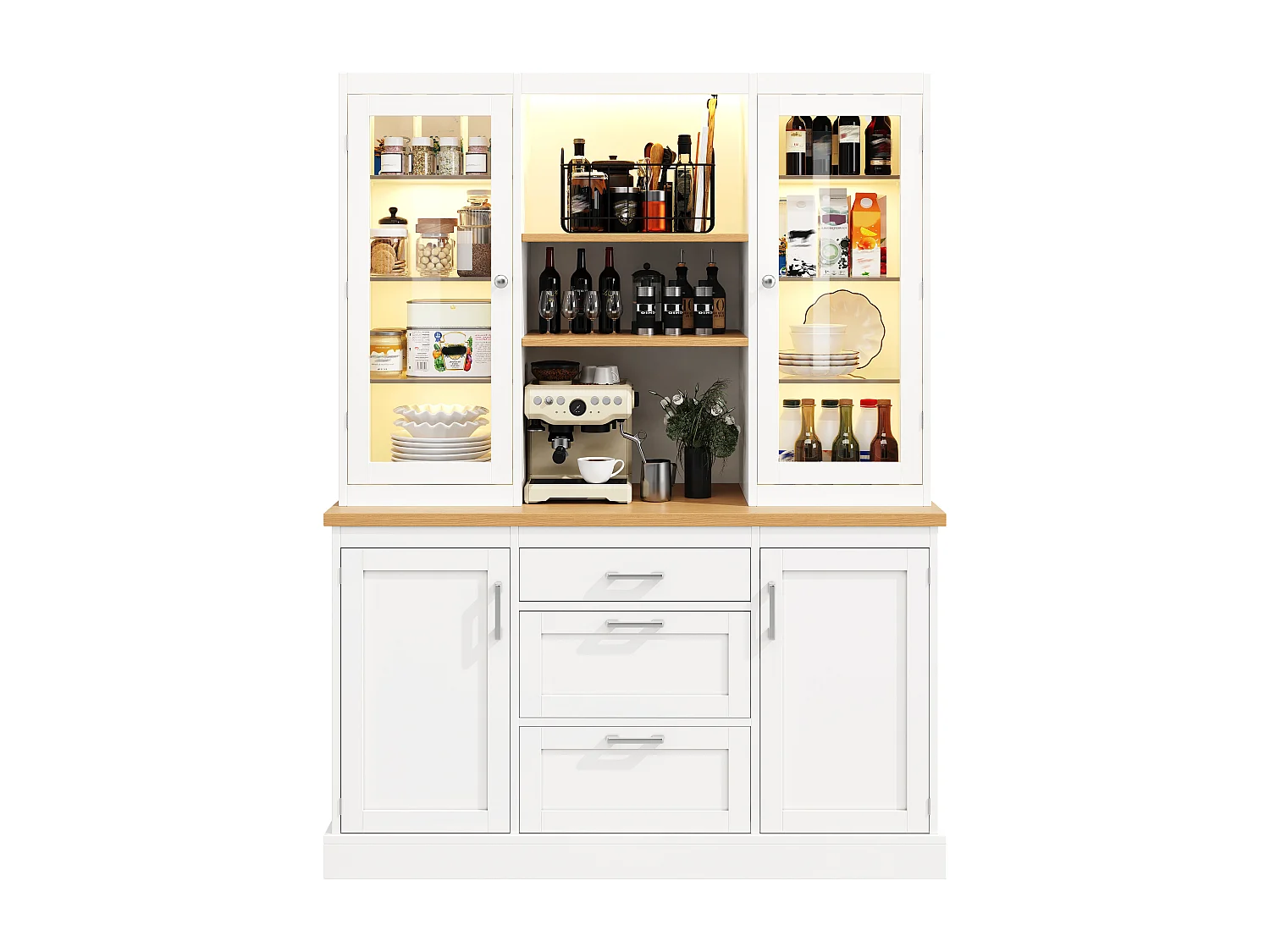 Buffet haut de cuisine - 140 x 40 x 185 cm - avec 3 tiroirs + 2 portes de rangement + Leds + étagères - MDF - blanc