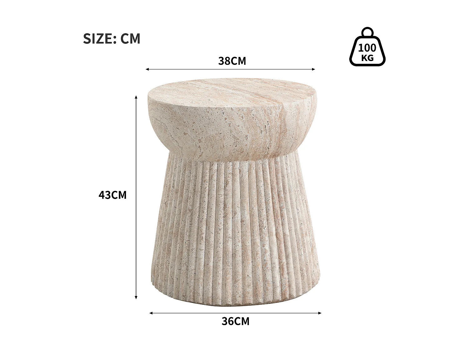 Bout de Canapé de Jardin Design en MgO - Table d'Appoint Cannelée Aspect Travertin Beige - Beige