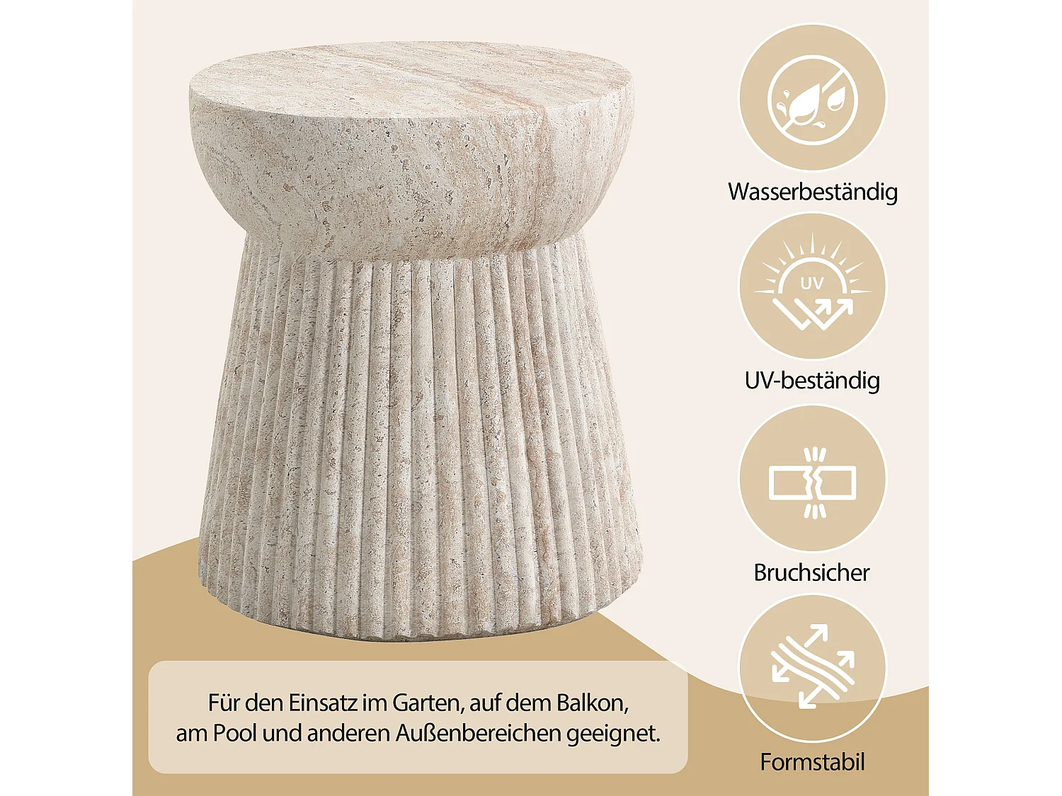 Bout de Canapé de Jardin Design en MgO - Table d'Appoint Cannelée Aspect Travertin Beige - Beige